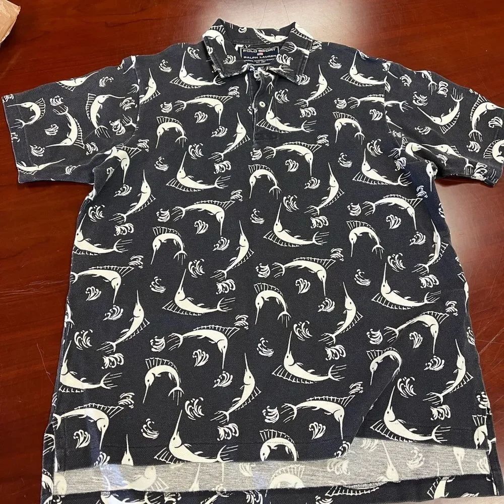 Polo Sport Ralph Lauren Blue & White Marlin Polo Shirt sz L EUC